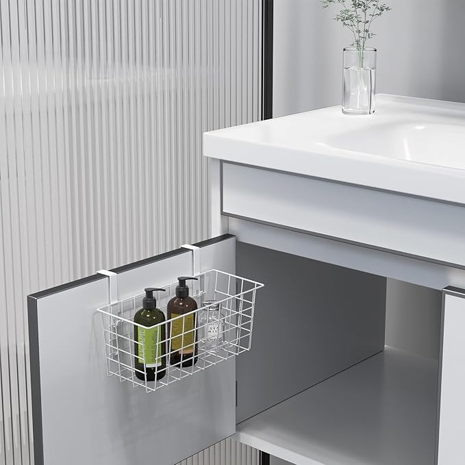 MaraFansie Basket with Hook, Grid Storage Basket, Over the Cabinet Door Organizer, Wire Hanging Basket with Hook Over the Railing, Under Sink Kitchen Cabinet, Pantry, Bathroom, White, 2 Pack