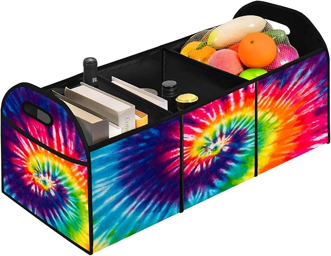 FREZORA Tie-Dye Car Trunk Organizer Storage Box Collapsible Non-Slip Automotive Organizer Vehicle Organization