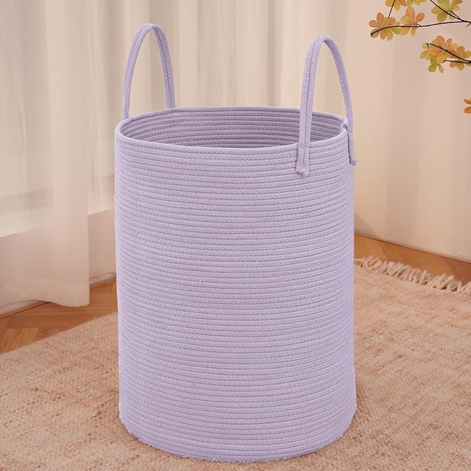 Large Woven Laundry Basket Hamper, 60L Cotton Rope Storage Bin for Blankets, Toys, and Clothes, Decorative Tall Nursery Hamper for Living Room, Baby Nursery, Bathroom, and Bedroom, Purple