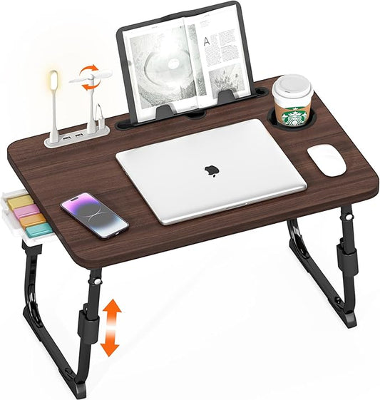 Height Adjustable Laptop Desk for Bed, Lap Bed Table with USB/Storage Drawer/Cup Holder/Tablet Stand/Book Shelf, Foldable Portable Breakfast Tray for Reading, Writing, Sofa & Floor, Walnut