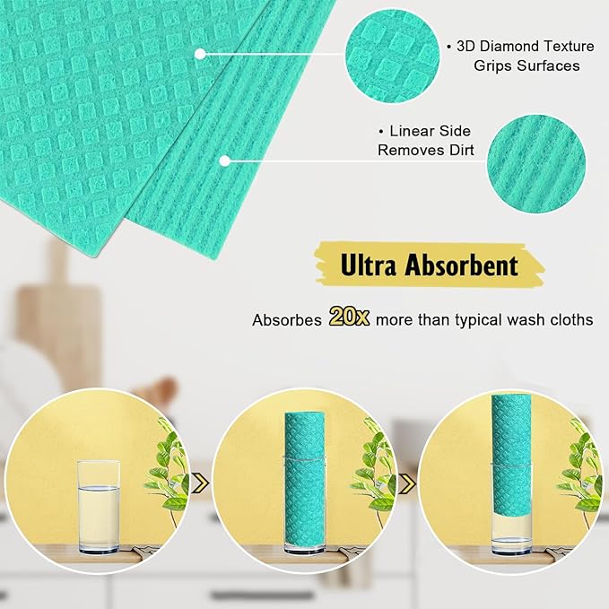 MoLKENE Swedish Dishcloths - 10 Pack Reusable Kitchen Dishcloths - Ultra Absorbent Dish Towels for Washing Dishes - Cellulose Sponge Cloth Cleaning Cloths - Green