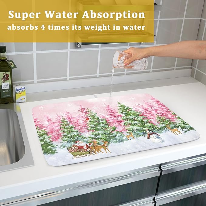 Winter Dish Drying Mats for Kitchen Counter Watercolor Forest Decoration Coffee Mat for Holiday Decor