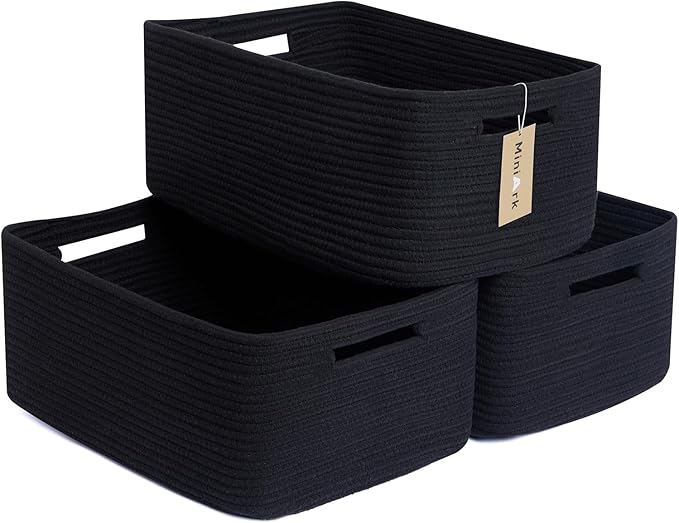 MiniArk Large Storage Baskets for Shelves, Closet Organizers Bins for Clothes Blanket Towels, Baby Nursery, Toy Baskets Box, Woven Rope Baskets, 17 x 13 x 7.5”, 3 Packs Black