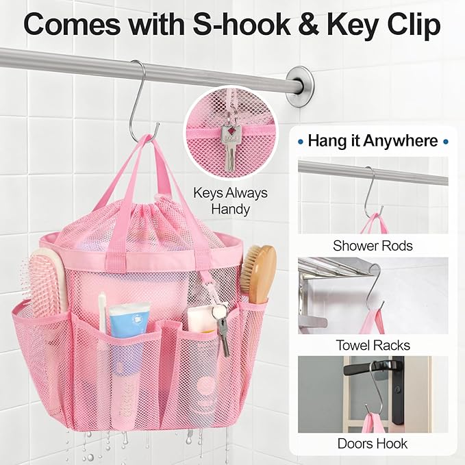 F-color Mesh Shower Caddy Portable with Drawstring - Upgrade Deeper 7 Pockets Dorm Room Essentials for Guys Girls with S Hook, Shower Bag Basket Tote for College Camping Bathroom, 2 Pack Pink