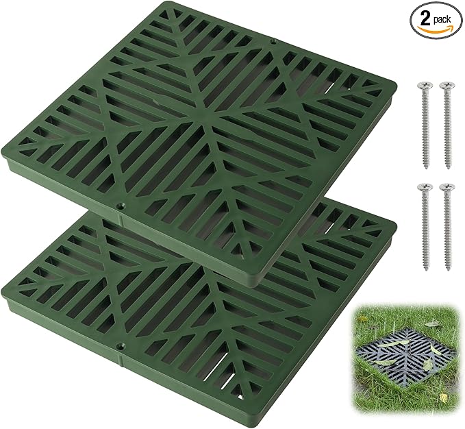 Calvana 2 Pack 12 Inch Catch Basin Drain Grate, Fiberglass Reinforced Polyethylene Square Drain Cover for Yard Patio Driveway Drainage, Green