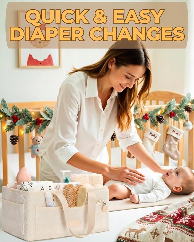 Baby Diaper Caddy Organizer with Portable Changing Mat - Teddy Fleece Diaper Organizer for Changing Table - Basket for Changing Essentials - Baby Essentials Organizer with Removable Dividers