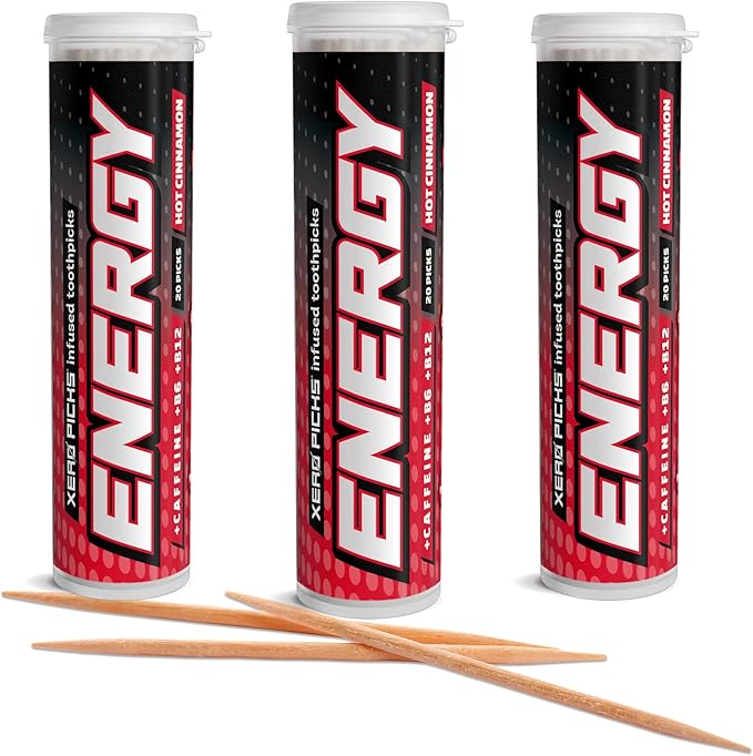 Xero Picks Energy Caffeine Flavored Toothpicks B12 for focus & B6, 60 Picks (Pack of 3) (Hot Cinnamon) Sugar-Free Alternative to Energy Mints & Gum - Kosher