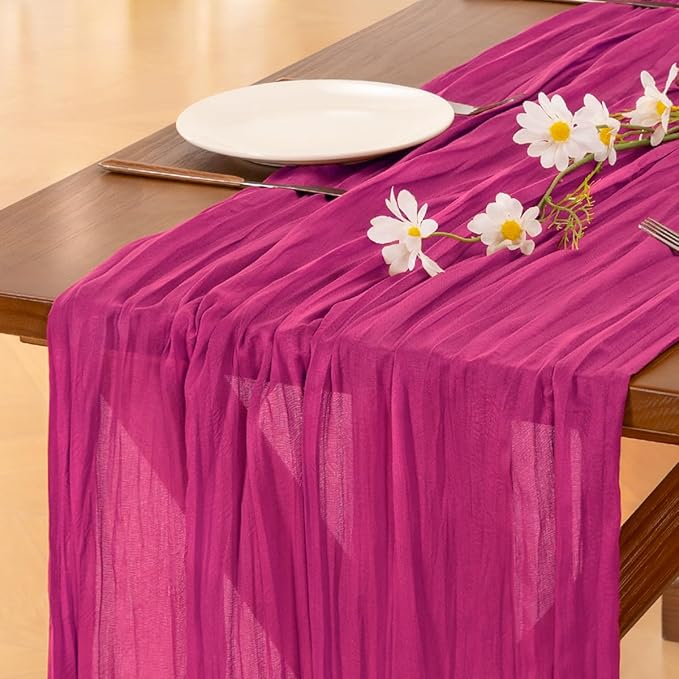 Socomi 2pcs Hot Pink Summer Cheesecloth Table Runner Boho Rustic Gauze 120 inch 10FT Cheese Cloth Sheer Runner for Wedding Party Baby Shower Birthday Home Decor