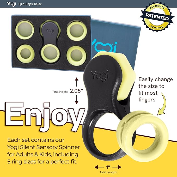 Yogi Fidget Toy – Silent Sensory Spinner for Adults & Kids – Stress Relief Fidgets for ADHD, Anxiety – Fidget Toys for Adults – Includes 5 Finger-Fit Rings – Work, School & Travel – Moonlight