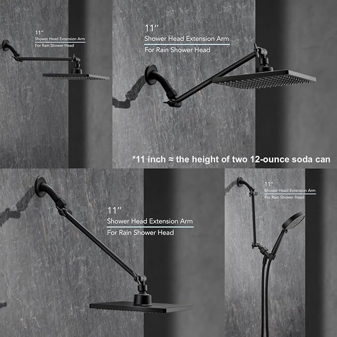 11 Inch Adjustable Shower Head Extension Arm With Locking Set Screw, Singing Rain 304 Stainless Steel Matt Black Angle Height Adjustable, Easy Install, G1/2 Universal Connector Compatible (Matt Black)