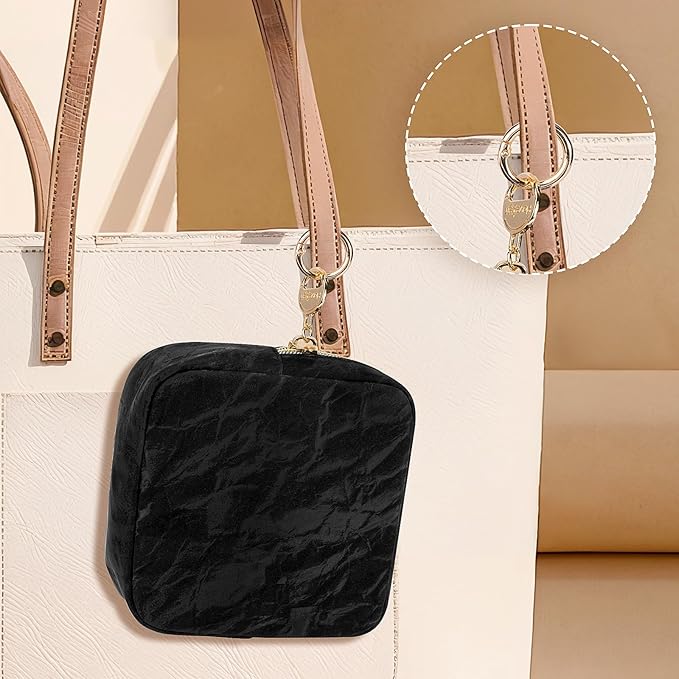5.5" Small Makeup Bag for Purse, PU Leather Mini Cosmetics Bag with Ring Buckle, Portable Small Travel Makeup Pouch for Women, Birthday/Wedding/Christmas Gifts (Marble, Black)