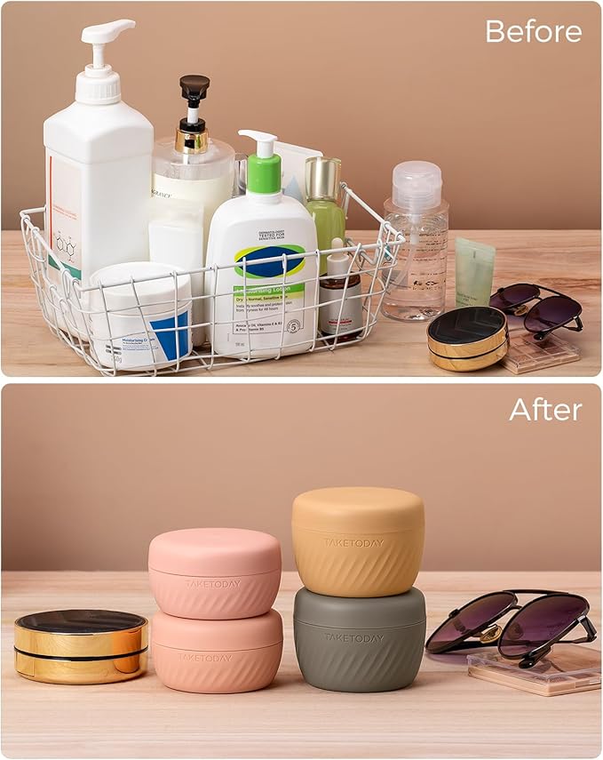TakeToday Travel Containers for Toiletries, Leak-proof, TSA Approved, Refillable Silicone Cream Jars with Lid Travel Size Essential for Cosmetic toiletry Cream, 2 &3oz, 4 Pack (Apricot)