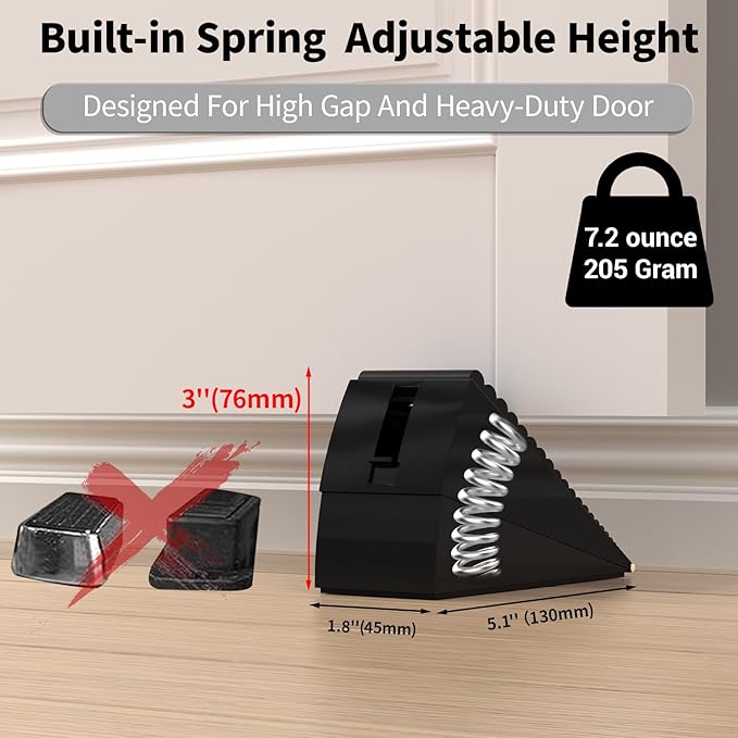 ZDZQJIA Heavy Duty Door Stoppers for Bottom of Door - Adjustable Spring Large Door Stop Wedge, Anti-Slip Rubber Grip,3" High Metal Doorstop Suits Carpet,Tile,Commercial,Home-Black2Pc+2 Wall Protectors