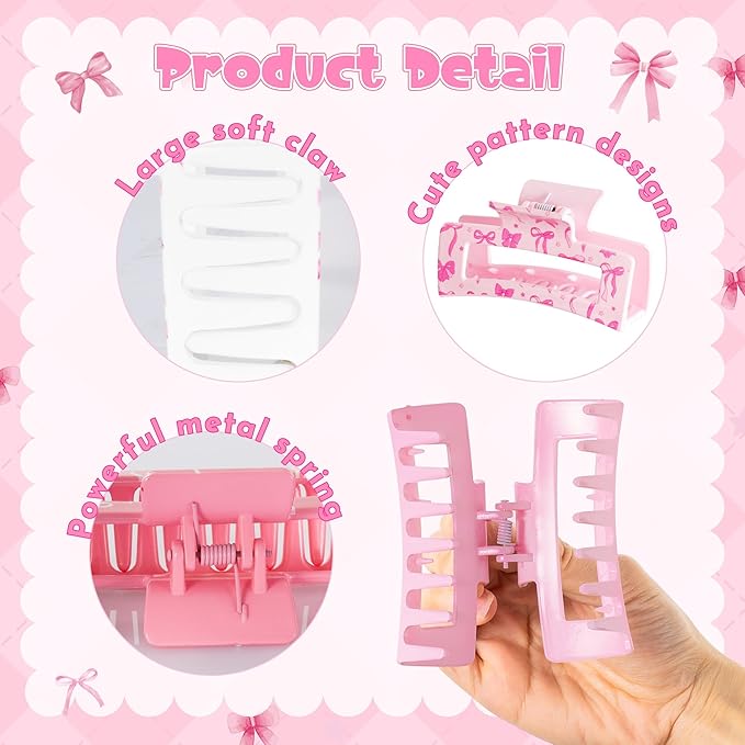 PANTIDE 8Pcs Coquette Pink Bow Hair Claw Clips for Women Girls - Cute Bow Preppy Trendy Rectangle Nonslip Hair Clips, Thin Thick Short Long Curly Accessories, Birthday Bachelorette Wedding Gift