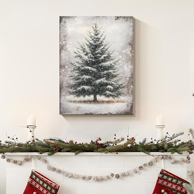 Vintage Christmas Wall Art Framed - Pine Tree Pictures Wall Decor, Winter Navidad Painting Decorations for Home Indoor, Rustic Christmas Canvas Prints, Nostalgic Navidad Decorations 16x124 Inch