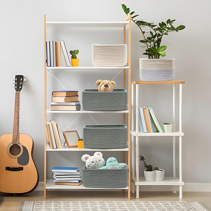COMFY-HOMI 13" x 8.5" x 5.1" Storage Baskets for Organizing | Cotton Rope Woven Basket | Toy Storage Bin Box | Basket for Shelves, Closet Organizer Bin, Decorative Closet Shelf, 1 Pack, green