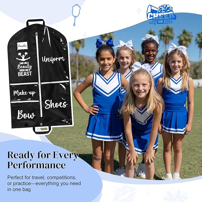 DEEKA Cheer Garment Bag for Hanging Clothes with Zipper Pockets Cheer Accessories Mom Essentials Uniform Costume 40 Inch Black Bags Stuff for Cheerleading Girls (Black,White-Cheer Quote)