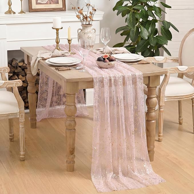 Horaldaily Pink Gold Gauze Tablecloth 60x60 Inch Square, Golden Sequin Glitter Metallic Foil, Sheer Tulle Cheesecloth for Wedding Baby Shower Ceremony Birthday