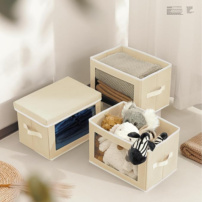 Fabric Storage Bins with Lids, Storage Cubes with Window, Decorative Storage Boxes Baskets for Organizing, Closet Organizer Storage Bins for Home, Office, 3 Packs, Beige