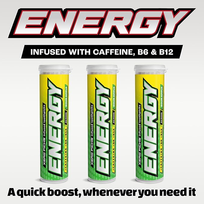 Xero Picks Energy Caffeine Flavored Toothpicks B12 for Focus & B6, 60 Picks (Pack of 3) (Sour Apple) Sugar-Free Alternative to Energy Mints & Gum - Kosher