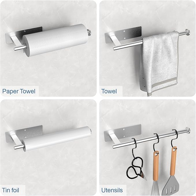 CUXIXA Paper Towel Holder Under Cabinet, Upgraded Adhesive Paper Towel Holder Wall Mount for Kitchen, Bathroom, RV, Bend-Resistant, Self-Adhesive or Drill mounting, Stainless Steel, Silver
