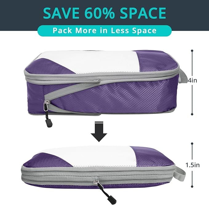 9 Set Compression Packing Cubes for Travel - Compressible, Lightweight, and Space-Saving Packing Cubes, Travel Essentials for Women, Purple