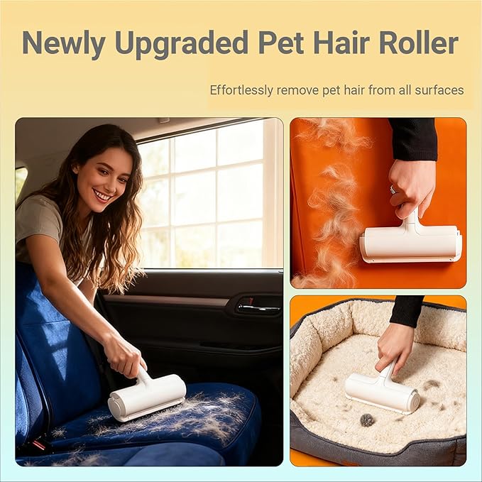 Pet Hair Remover Roller with Reusable Fiber Roller and Built-in Collection Box - Cat and Dog Hair Remover for Sofas, Carpets, and Clothing - Portable Hair Removal Tool (White)