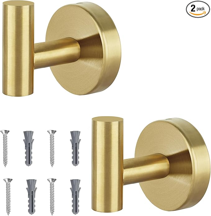 Towel Hooks for Bathroom 2 Packs Screw- in Gold Wall Mount Towel Holder Towel Rack, Heavy Duty Robe Coat Loofah Hooks for Shower, Kitchen,Hotel, Pool Tile, Brick Modern Style Decor Wall Hooks