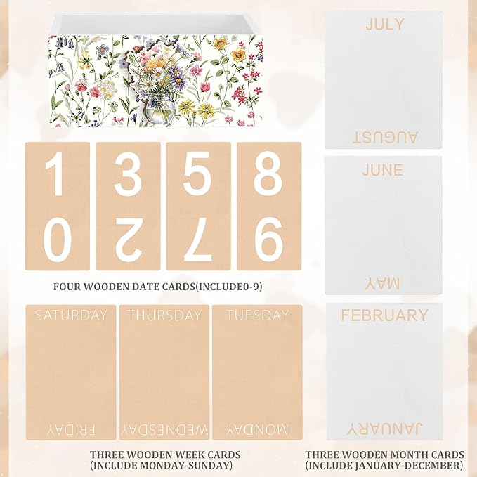 Wildflower Wood Block Perpetual Calendar Coquettish Farmhouse Desk Decor Cute Watercolor Wildflower Month Week Date Display Decorative Block Calendar Office Home Desk Gift for Women