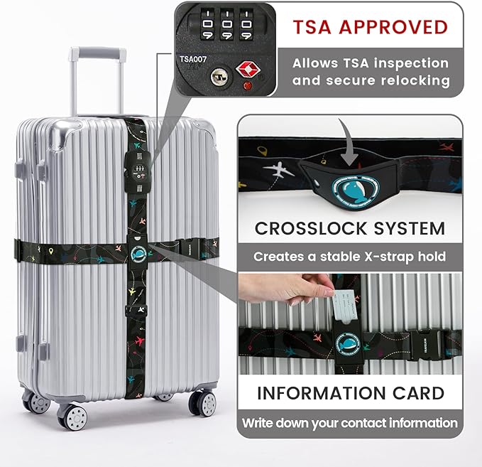 Travelkin Luggage Straps TSA Approved - Adjustable Cross Suitcase Straps with TSA Lock, Reinforced Buckle, Unique Pattern - Secure Heavy Duty Luggage Straps for Travel (Air Line Black)