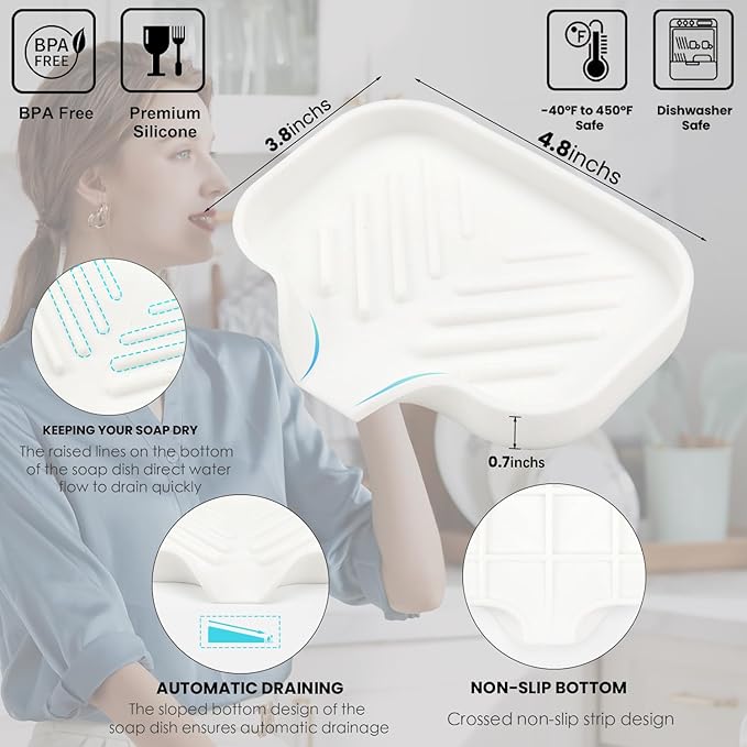 Yasmen Silicone Bathroom Soap Dishes, Sink Sponge Holder for Kitchen, 2Pcs Rubber Soap Dish with Drain, Shower Soap Sponge Tray, Sink or Counter Organizer for Bar Soap, Dish Soap Dispenser-Black/White