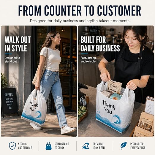 YoYoRain 100 Count Plastic T-Shirt Carry Bags with Handles, Durable Retail & Merchandise Shopping Bags for Grocery and Take-Out
