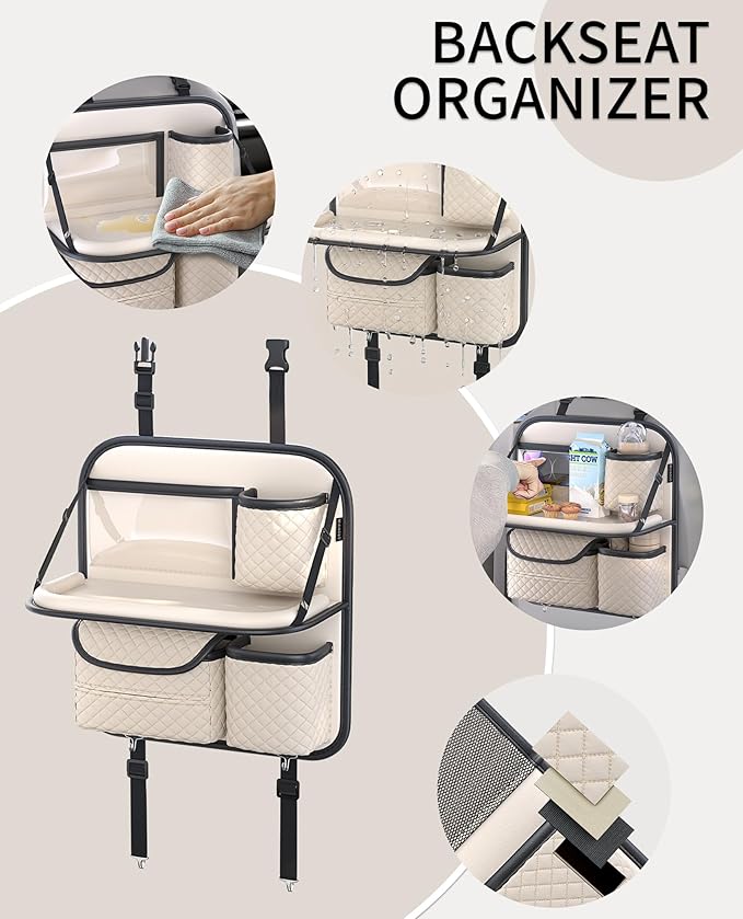 Leather Car Backseat Organizer with Foldable Table Tray - Cup/Tissue/Tablet Holder, Car Seat Back Storage Organizer, Road Trip Essentials for Adults & Kids (white)