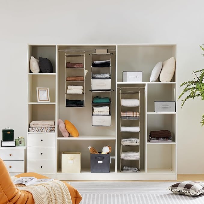 YOUDENOVA Hanging Closet Organizer, 4-Shelf Closet Hanging Storage Shelves, Beige