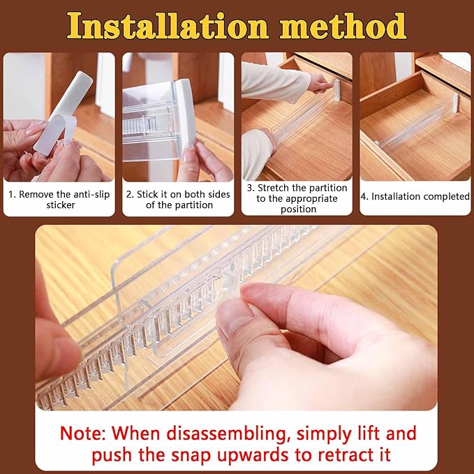 ChefktCove 8 Pack Drawer Dividers for Clothes, 3.15" High 11.34"-19.69" Adjustable Expandable Dresser Drawer Organizer, Clear Plastic Separators for Dresser, Baby Clothing, Underwea