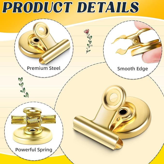 Grtard 48-pack Magnetic Clips Heavy Duty, Magnet Clips for Fridge, Refrigerator Magnets, Scratch-Free Magnets with Clip, Strong Magnetic Clip for Refrigerator, Whiteboard, Locker, Cruise Cabins (Gold)