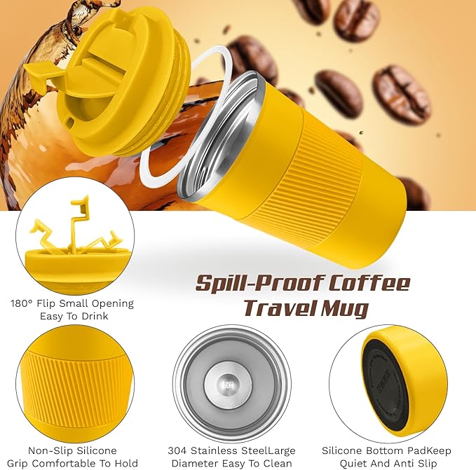 SPLMIFA Vacuum-Insulated Stainless Steel Travel Coffee Mug, Leak-Proof Reusable Coffee Cup with Lid-Keeps Drinks Hot & Cold for Hours, Durable Double Wall Tumbler for Men & Women (3rd-Yellow, 17OZ)