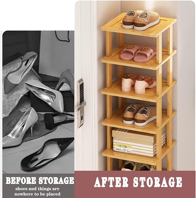 Bamboo Shoe Rack 12-Tier - Vertical Shoe Rack for Small Spaces, Tall Narrow Shoe Rack Organizer for Closet, Entryway, Corner, Garage, and Bedroom, Skinny Shoe Shelf with Free Stackable DIY