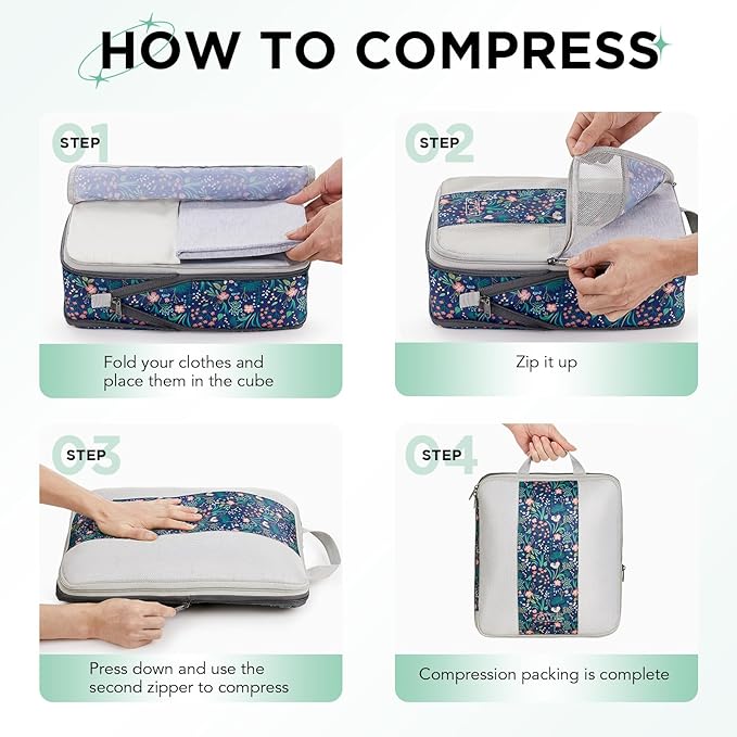 8 Set Compression Packing Cubes for Travel Essentials, Compressible Expandable Packing Cubes for Suitcase, OlarHike Luggage Organizer Bags for Travel (Dark Blue Floral)