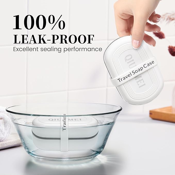 Travel Soap Box,soap Bar Holder Dish Container Case with Soap Bag & Silicone Band,Strong Sealing Leak Proof Portable,Best for Bathroom/Camping/Gym/Business Trip (White)
