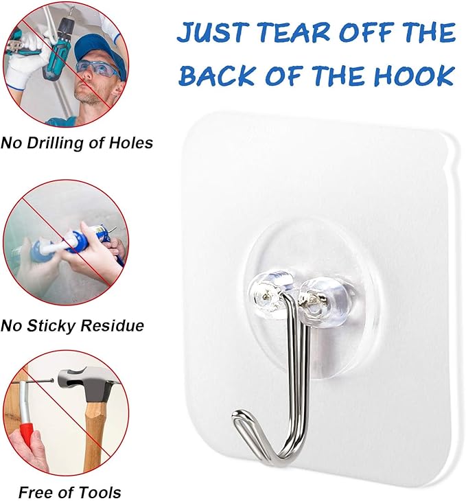 AROIC Adhesive Hooks for Hanging, 40 Packs Hook Heavy Duty Self Adhesive Wall Hooks 20 lbs / 9 kg (Max), Removable, Waterproof Hook for Bedroom Kitchen Bathroom