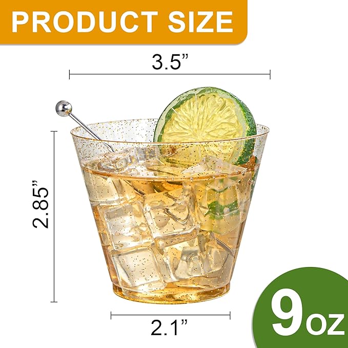 Hioasis 100Pcs 9OZ Gold Glitter Plastic Cups - Gold Plastic Cups, Heavy Duty & BPA-free for Party, Wedding, Celebrations