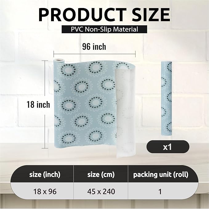 FIFTY FEET 18X96 Inch Shelf Liner for Kitchen Cabinets, PVC Drawer Liner for Dresser Non-Slip Bathroom, Non-Adhesive Cabinet Liner Washable (Blue Circle)(1 Roll)
