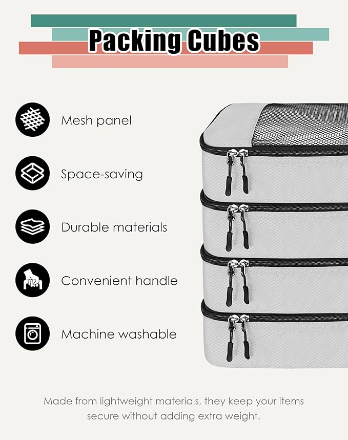 4-Piece Packing Cubes Travel Accessories Set for Suitcases - Luggage Organizer Bags with Double Zipper - Mesh Top - Small - Beige
