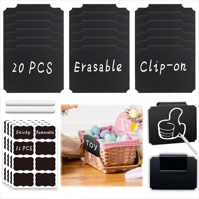54-Piece Set of Basket Labels Clip On For Storage Bins: 20 Erasable Plastic Kitchen Pantry Labels, 32 Removable PVC Tag Stickers, 2 White Chalk Markers, For Organization Container, Jar, Shelf, Laundry