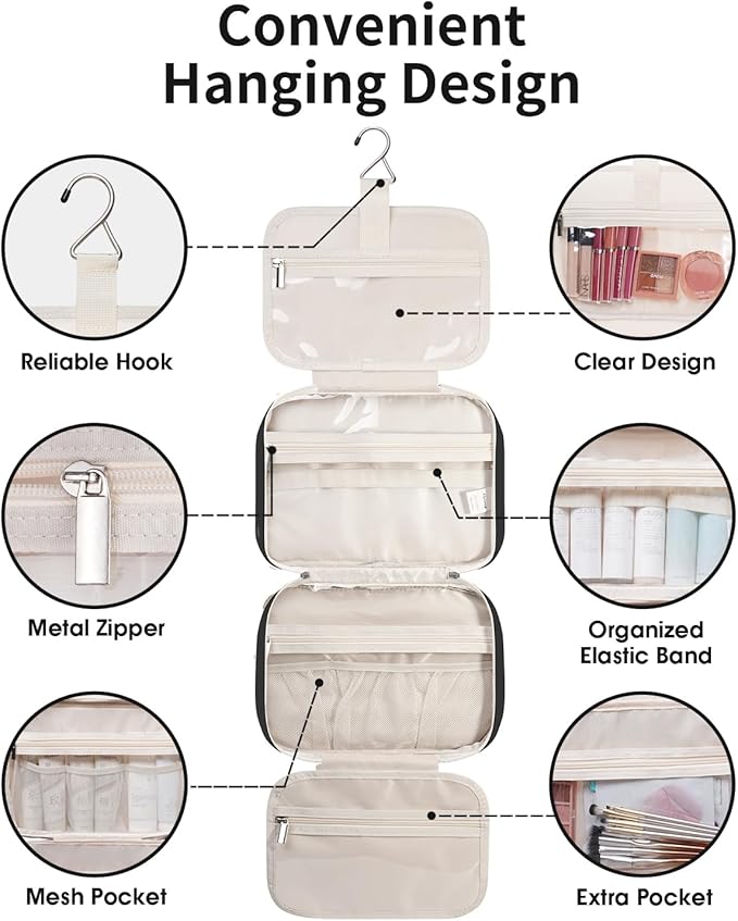 Narwey Travel Toiletry Bag for Women Large Hanging Makeup Bag Organizer Toiletries Bag for Full Size Essentials Accessories Cosmetics (Black (Large))