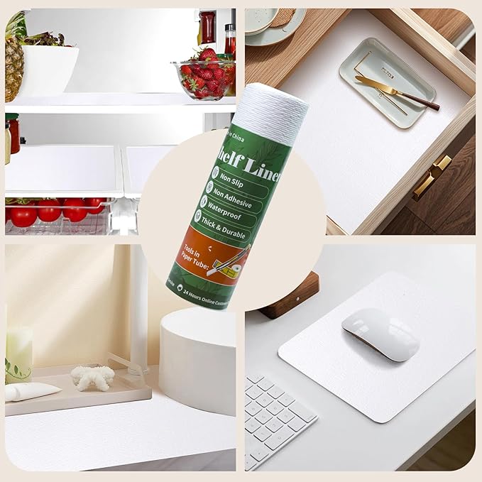 Shelf Liners for Kitchen Cabinets Non Adhesive Drawer Liner 17in x 20FT Pure White Thickened Shelf Liner Strong Non-Slip Easy to Clean for Tool Box Refrigerator with Knife and Tape Measure