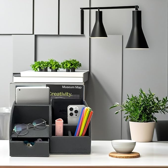 UnionBasic Desk Organizer - Multifunctional Leather Desktop Pen Holder Storage Box - Business Card/Pen/Pencil/Mobile Phone/Stationery Holder, Dark Gray