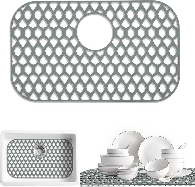 Sink Protectors for Kitchen Sink, Kitchen Sink Accessory - Silicone Mats Grid for Stainless Steel Strainer Bottom of Farmhouse Porcelain sinks (22”x13”, Rear Drain)