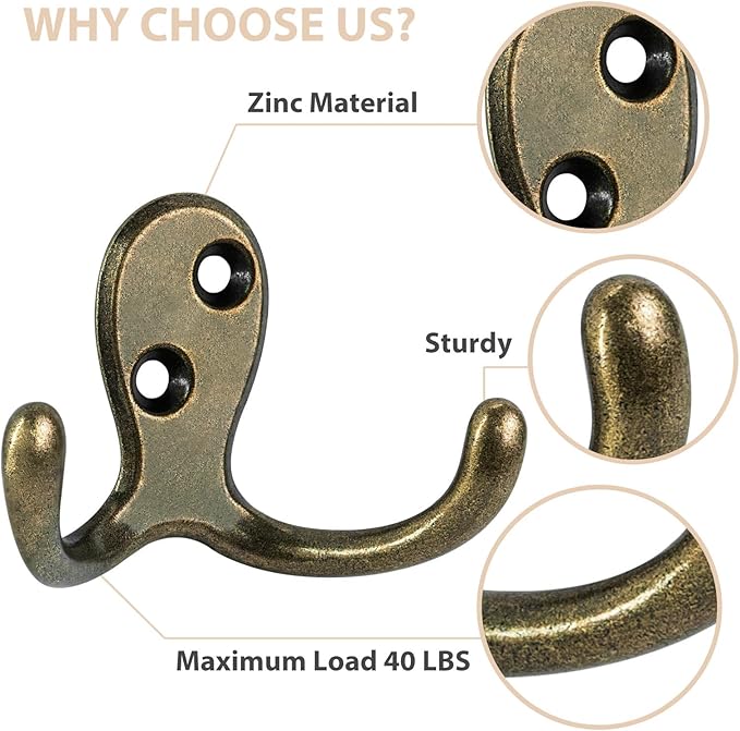 14 Pack Coat Hooks, Heavy Duty Double Prong Coat Hooks Wall Mounted with 28 Screws, No Rust Antique Brass Metal Wall Hooks for Hanging Towel, Coat, Bag, Hat, Cup, Key